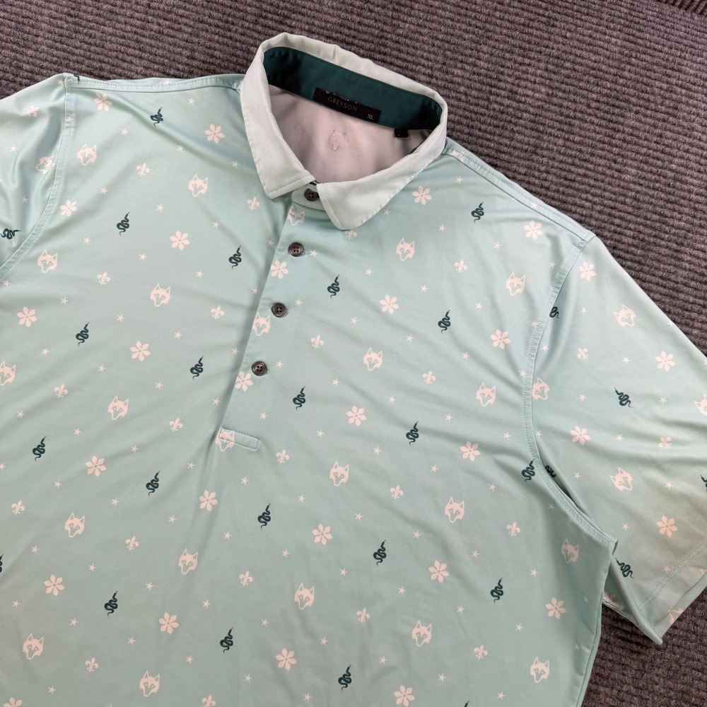 Greyson Clothiers Wolf Snake Floral Print Golf Polo Shirt Mint Green Mens XL